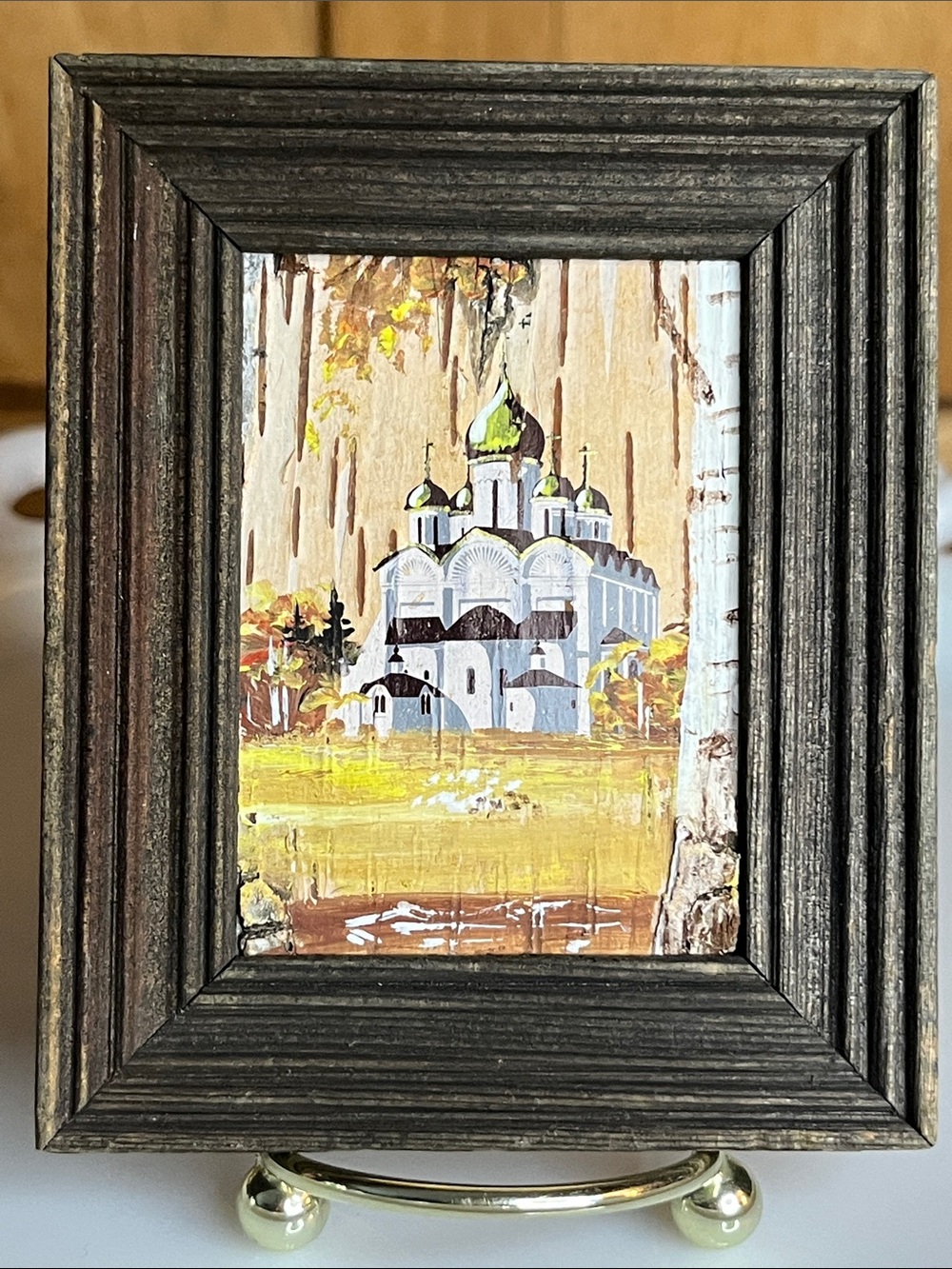 Vintage Traditional Russian Birch Bark Mini Painting- Russian Orthodox Church